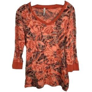 Cubism Womens Wearable Art‎ Top Small Orange Leaf Print Burnout 3/4 Sleeve Y2K